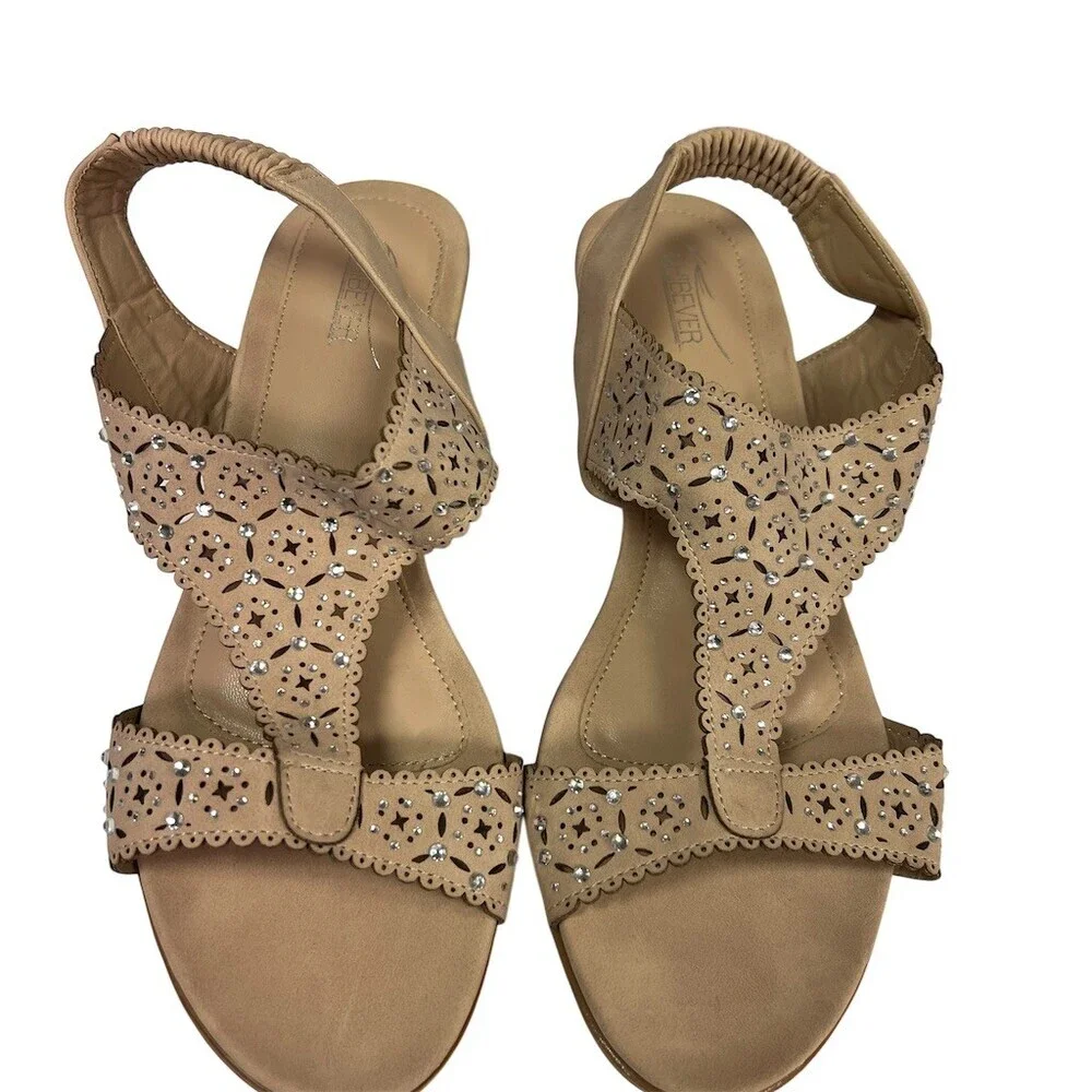 Shibever Wedge Sandals Womens Size 9 Beige Slingback Rhinestone Open Toe